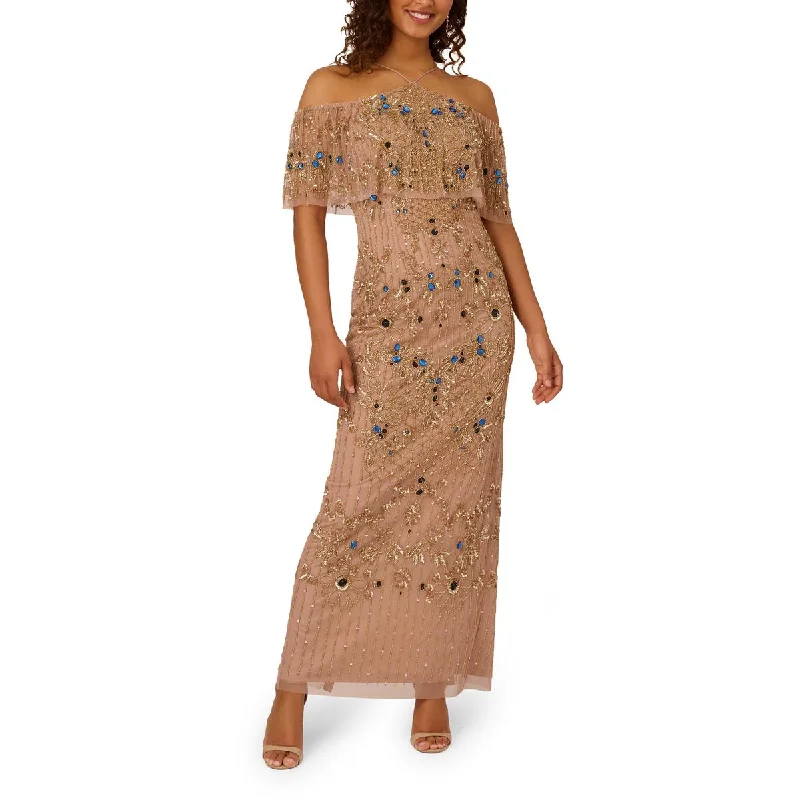 Adrianna Papell Womens Beaded Cold Shoulder Evening Dress Tunics Stylish modern