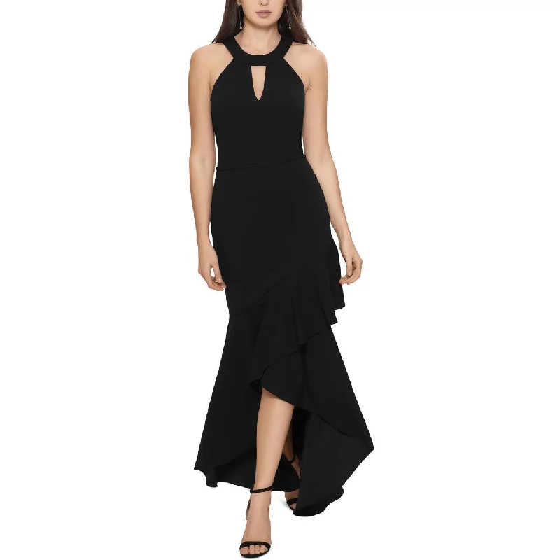 B&A by Betsy and Adam Womens Halter Ruffled Evening Dress Boat Neckline Classic