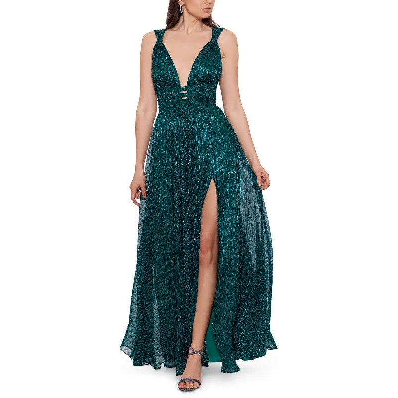 Betsy & Adam Womens Metallic Plunging Evening Dress Boatneck Modish Everyday