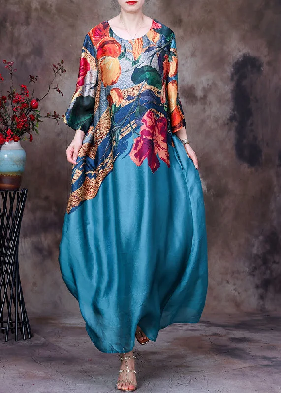 Bohemian Blue O-Neck Print Silk Party Dress Long Sleeve Tunics Winter warm