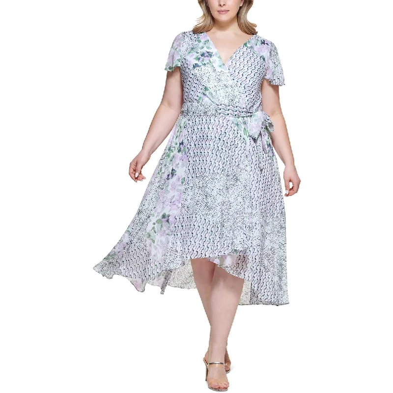 DKNY Womens Plus Chiffon Hi-Low Cocktail and Party Dress Off-the-shoulder Bohemian Festive DKNY Womens Plus Chiffon Hi-Low Cocktail and Party Dress Off-the-shoulder Bohemian Festive