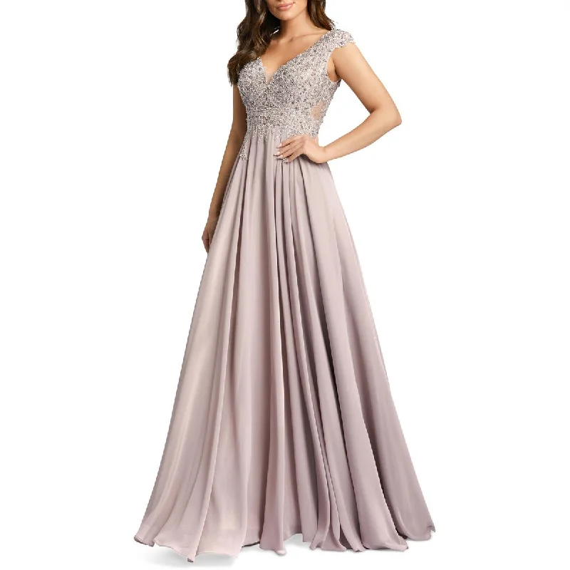 Mac Duggal Womens Embellished Sleeveless Evening Dress Satin Halter Glamorous