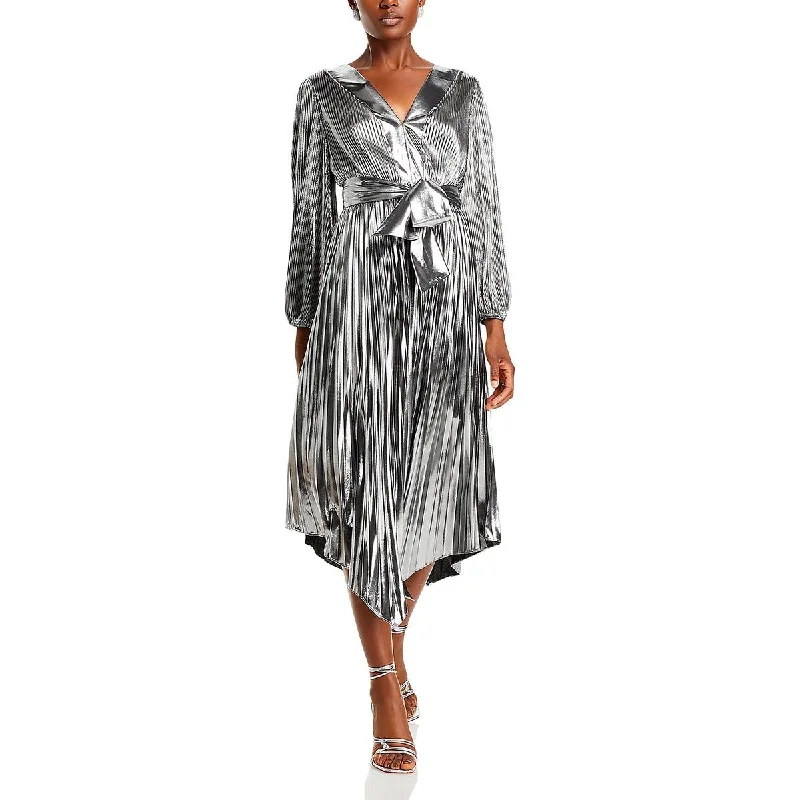 Milly Womens Liora Metallic Midi Cocktail And Party Dress Halter Neckline Beach