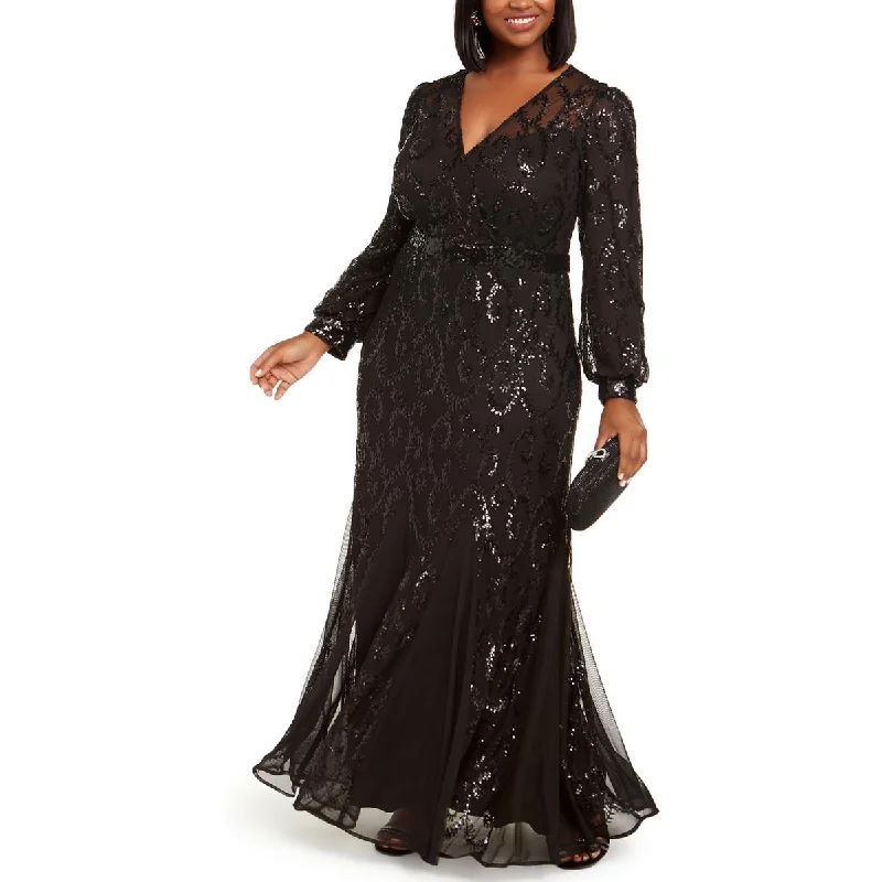 R&M Richards Womens Plus Sequined Surplice Evening Dress Glittery Long Formal