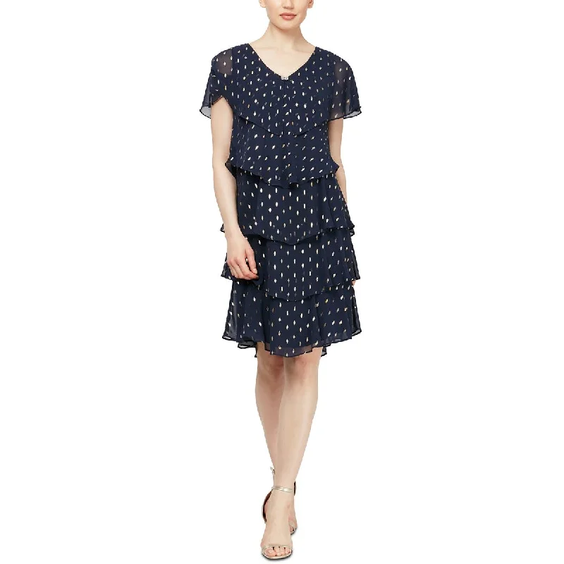 SLNY Womens Chiffon Polka Dot Cocktail and Party Dress Off-the-shoulder Chic Trendy