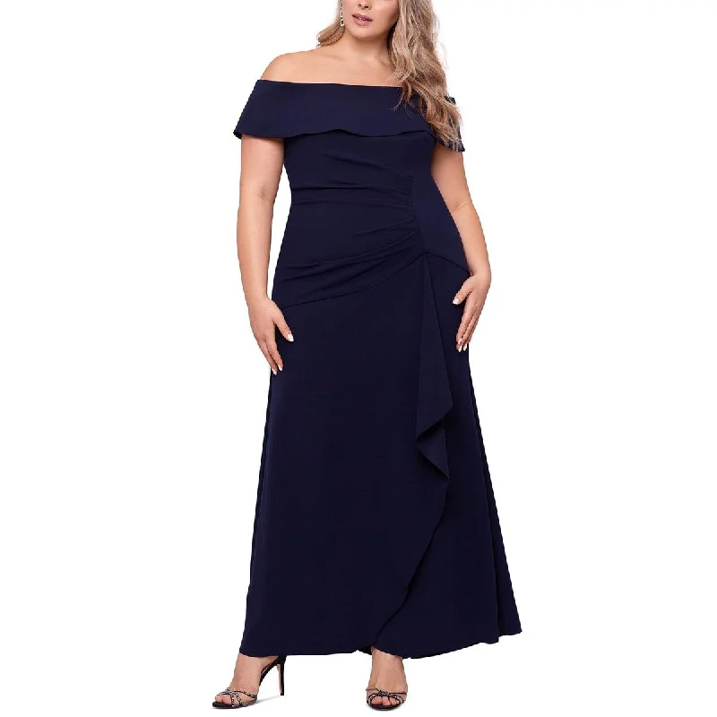 Xscape Womens Plus Off-The-Shoulder Ruffled Evening Dress Pencil Length Work