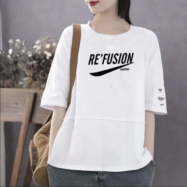 Women's 100% Cotton Large Size Korean Half Sleeved Loose T-shirt Houndstooth Herringbone Solid Women's 100% Cotton Large Size Korean Half Sleeved Loose T-shirt Houndstooth Herringbone Solid