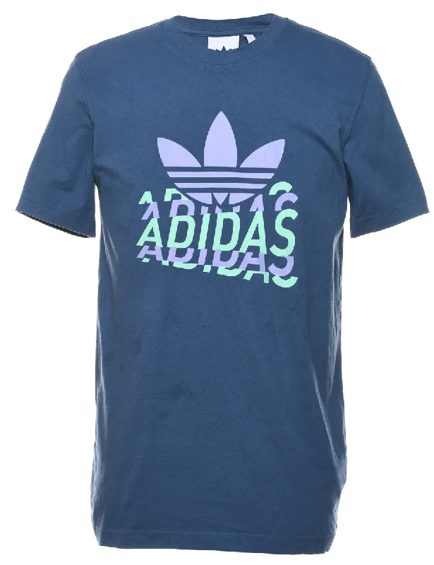Adidas Printed Navy & Light Green T-shirt - S Ribbed Striped Patterned