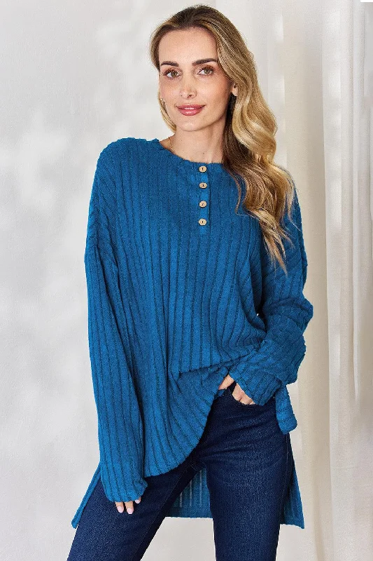 Basic Bae Full Size Ribbed Half Button Long Sleeve High-Low T-Shirt Mesh Fabric Canvas Fabric Denim Fabric Basic Bae Full Size Ribbed Half Button Long Sleeve High-Low T-Shirt Mesh Fabric Canvas Fabric Denim Fabric