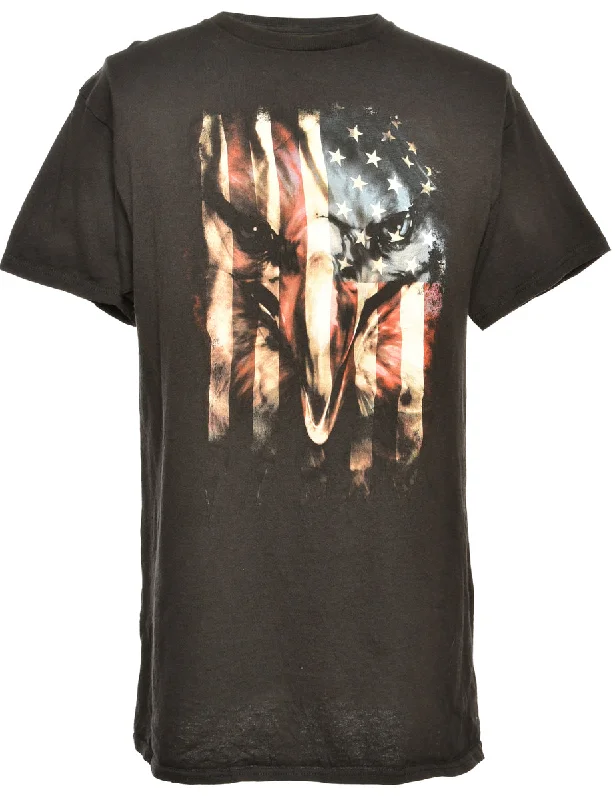 Black Printed T-shirt - M V-Neck T-Shirt Long Sleeve Cotton