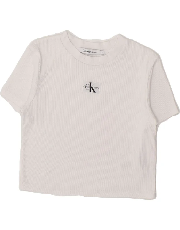 CALVIN KLEIN Womens T-Shirt Top UK 10 Small White Cotton Polka Dot Checkered Tartan