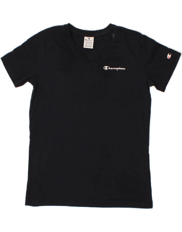 CHAMPION Womens T-Shirt Top UK 12 Medium Navy Blue Cotton Beaded Sequined Faux Fur