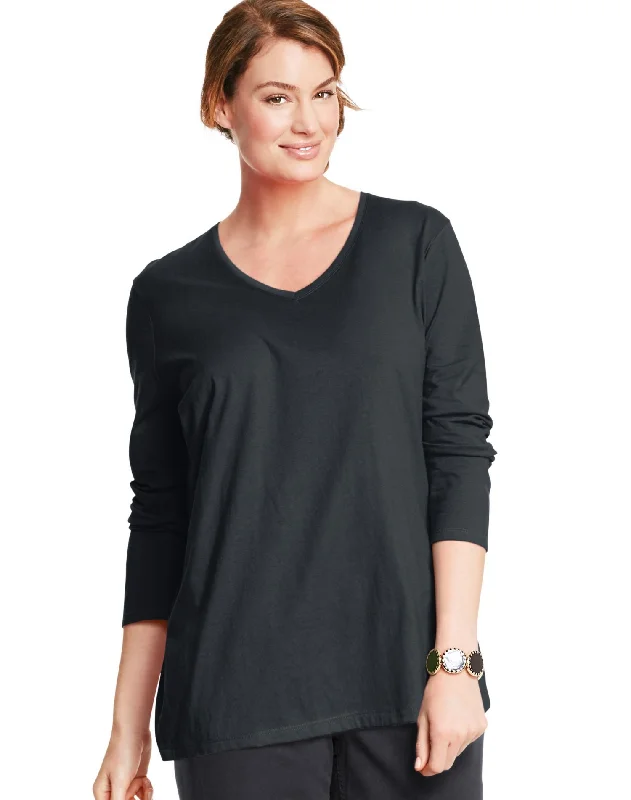 Just My Size Women`s Long-Sleeve V-Neck Tee Solid Print Embellished