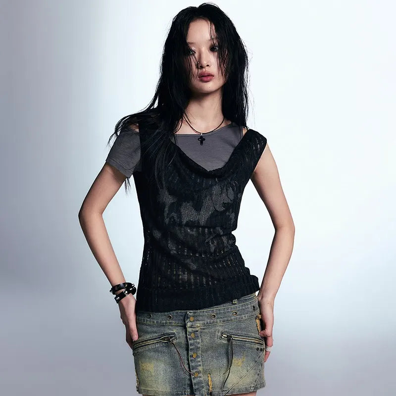 Karrcat Grunge Aesthetics Fake Two-piece T-shirt Satin Fabric Silk Fabric Chiffon Fabric Karrcat Grunge Aesthetics Fake Two-piece T-shirt Satin Fabric Silk Fabric Chiffon Fabric