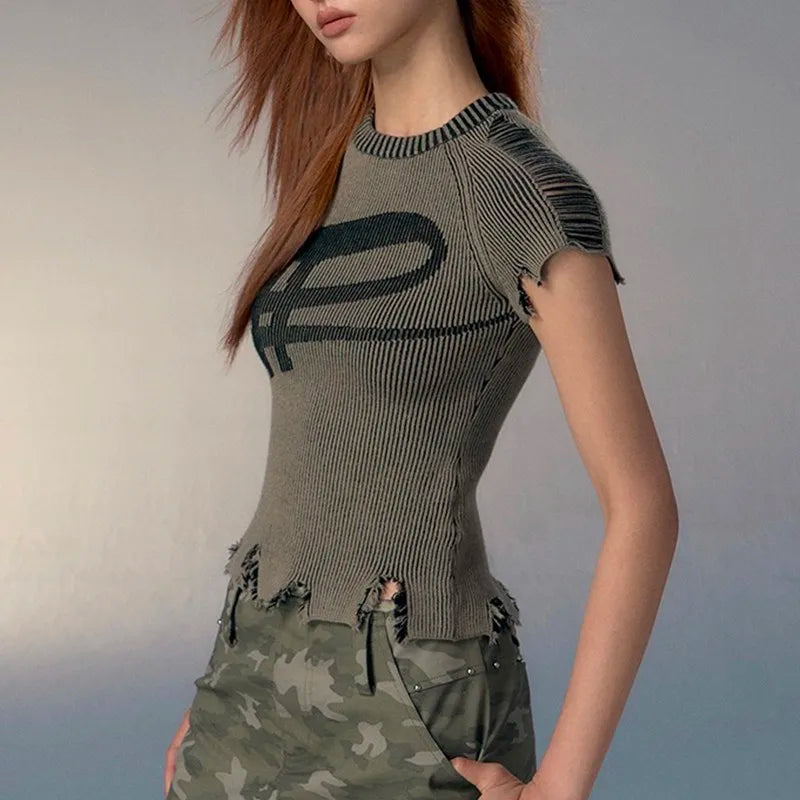 Karrcat Grunge Aesthetics Knitted Top Vintage Distressed T-shirt Mesh Blend Leather Blend Suede Blend Karrcat Grunge Aesthetics Knitted Top Vintage Distressed T-shirt Mesh Blend Leather Blend Suede Blend