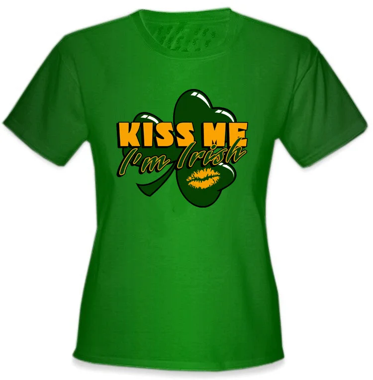 Kiss Me I'm Irish Shamrock Girl's T-Shirt Lace Blend Ribbed Blend Corduroy Blend