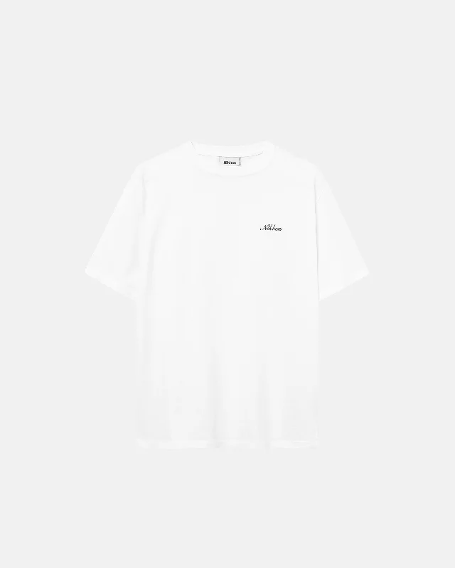 Logo Script Tee White Satin Blend Silk Blend Wool Blend