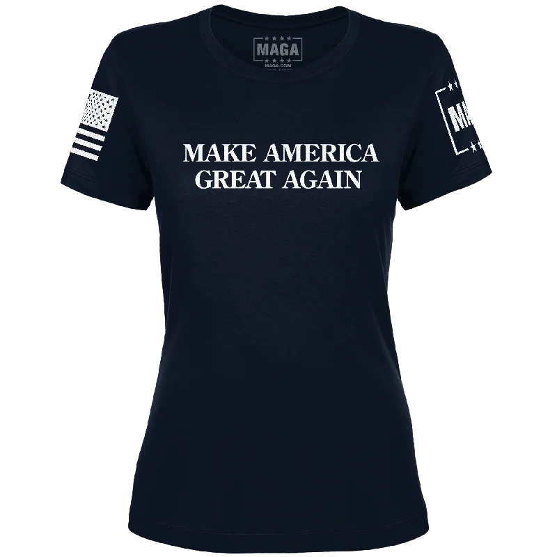 "MAGA Hat" Ladies T-Shirt (Navy) Collared Crew Neck Turtle Neck
