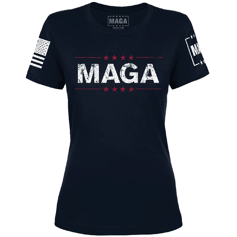 MAGA Ladies Tee - Navy Blue Plaid T-Shirt Polka Dot Checkered