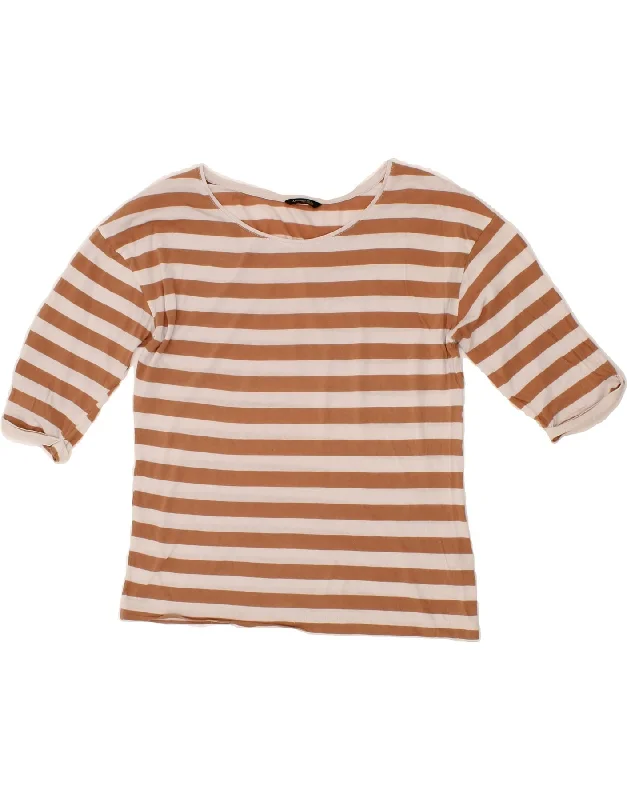 MASSIMO DUTTI Womens T-Shirt Top UK 6 XS Beige Striped Cotton Handmade Hand-knitted Hand-woven