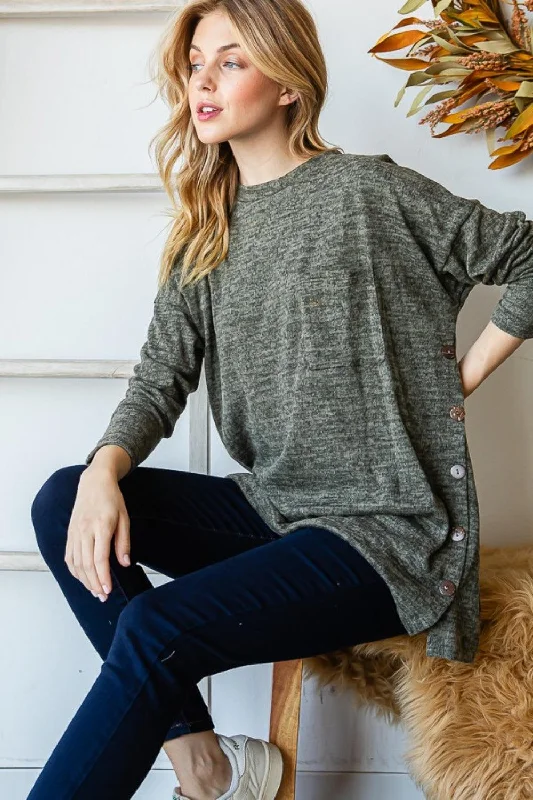 Reborn J Button Side Round Neck Long Sleeve T-Shirt Print Jacquard Patchwork