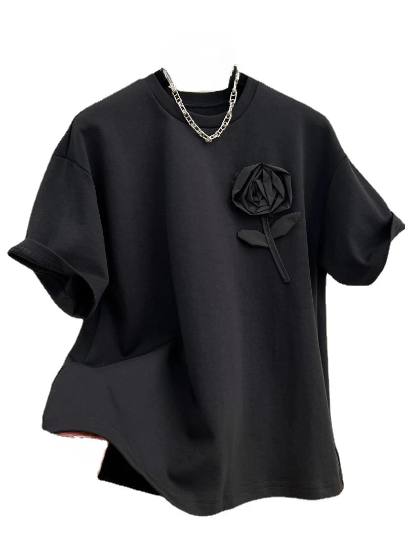 Women's 3D Flower Cotton Heavy round Neck Short Sleeve T-shirt Mesh Blend Leather Blend Suede Blend