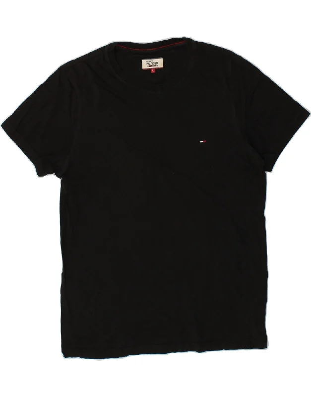 TOMMY HILFIGER Womens T-Shirt Top UK 16 Large Black Cotton Ribbed T-Shirt High Neck Heavyweight