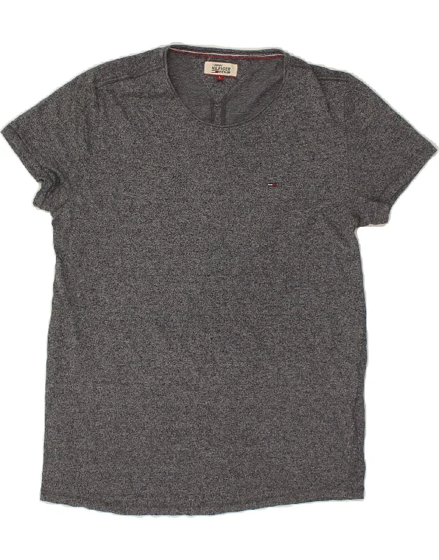 TOMMY HILFIGER Womens T-Shirt Top UK 16 Large Navy Blue Flecked Viscose Lace Blend Ribbed Blend Corduroy Blend