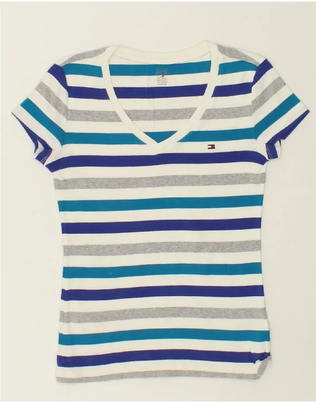 TOMMY HILFIGER Womens T-Shirt Top UK 6 XS Blue Striped Cotton Cozy Warm Stylish