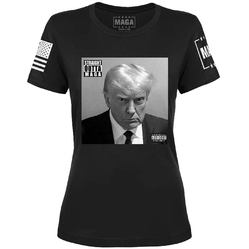 TRUMP MUG SHOT - STRAIGHT OUTTA MAGA Ladies Tee Denim Fabric Leather Fabric Suede Fabric TRUMP MUG SHOT - STRAIGHT OUTTA MAGA Ladies Tee Denim Fabric Leather Fabric Suede Fabric