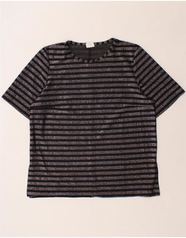 VINTAGE Womens T-Shirt Top IT 44 Medium Black Striped Polyester Chenille Blend Fleece Blend Nylon Blend