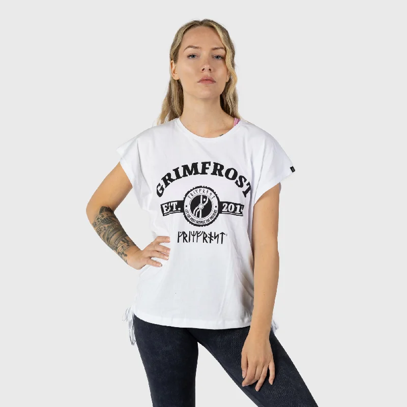 Women's Premium Drawstring Tee, Est. 2014, White Collared Crew Neck Turtle Neck