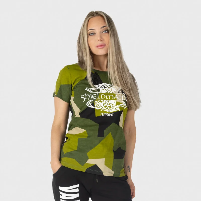 Women's Premium Tee, Shieldmaiden, M90 Green Camo Chenille Blend Fleece Blend Nylon Blend Women's Premium Tee, Shieldmaiden, M90 Green Camo Chenille Blend Fleece Blend Nylon Blend