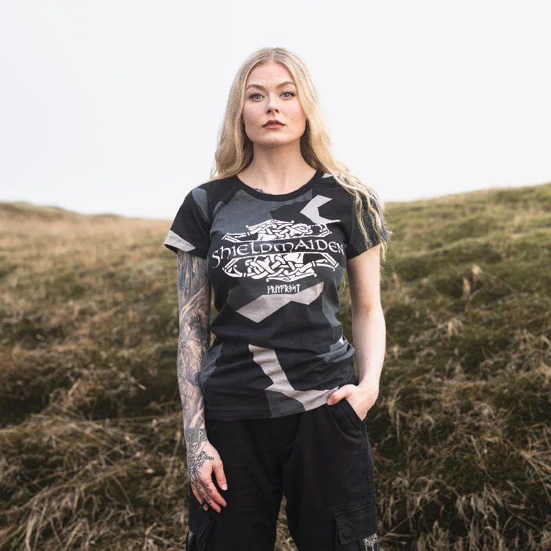 Women's Premium Tee, Shieldmaiden, M90 Grey Camo Fleece Nylon Spandex