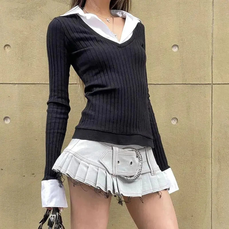 Y2k Vintage Contrast Color Patchwork Knit Long-sleeved T-shirt Print Jacquard Patchwork