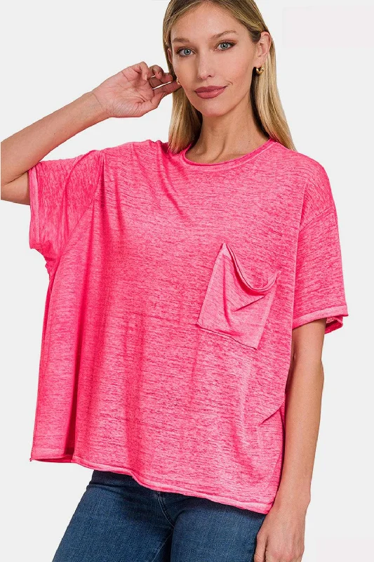 Zenana Pocketed Round Neck Dropped Shoulder T-Shirt Beaded Sequined Faux Fur