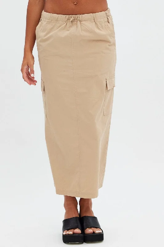 Beige Cargo Skirt Midi Cotton chiffon skirt airy