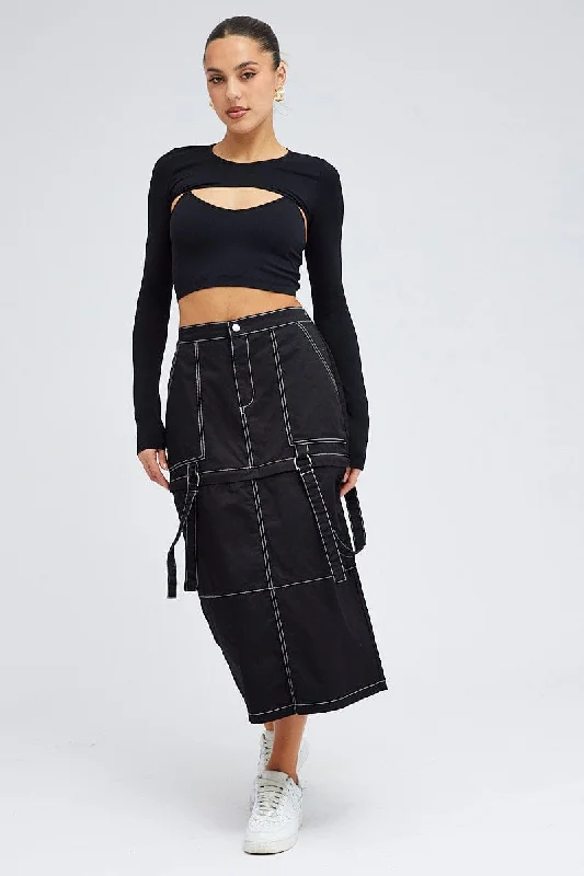 Black Cargo Skirt High Rise Elastic Two-way Midi Mini boho skirt vibe
