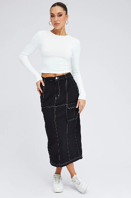 Black Cargo Skirt Mid Rise Contrast Detail Utility velvet skirt rich