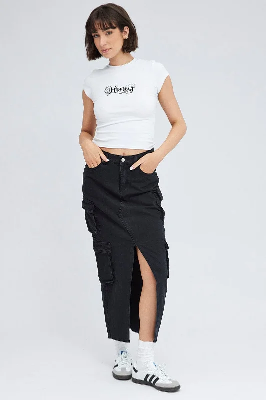 Black Cargo Skirt Mid Rise Maxi Utility Pocket Details linen skirt natural