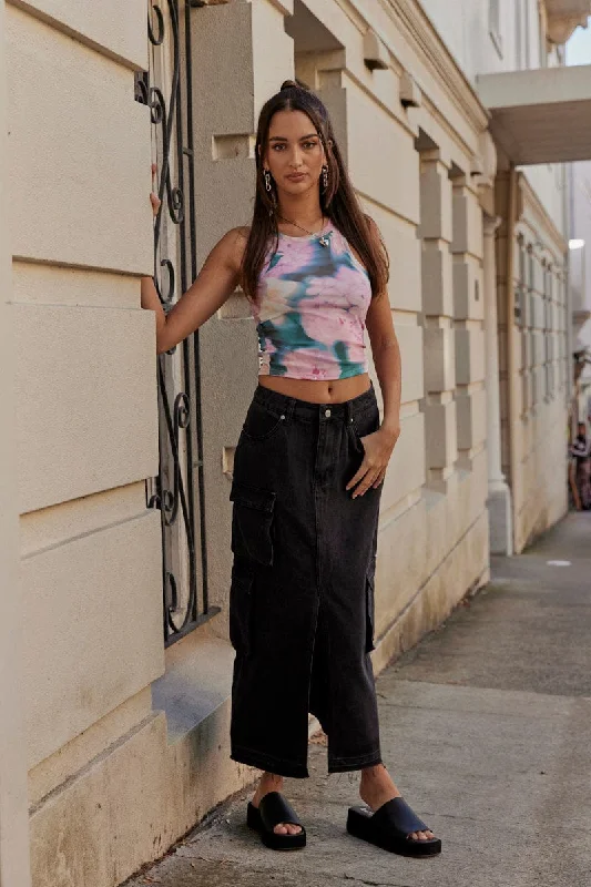 Black Denim Maxi Skirt Cargo summer skirt style