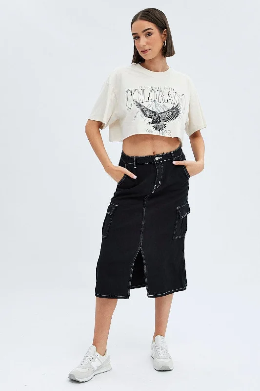Black Midi Skirt Mid Rise A-line Cargo Contrast Stitch cashmere skirt fine