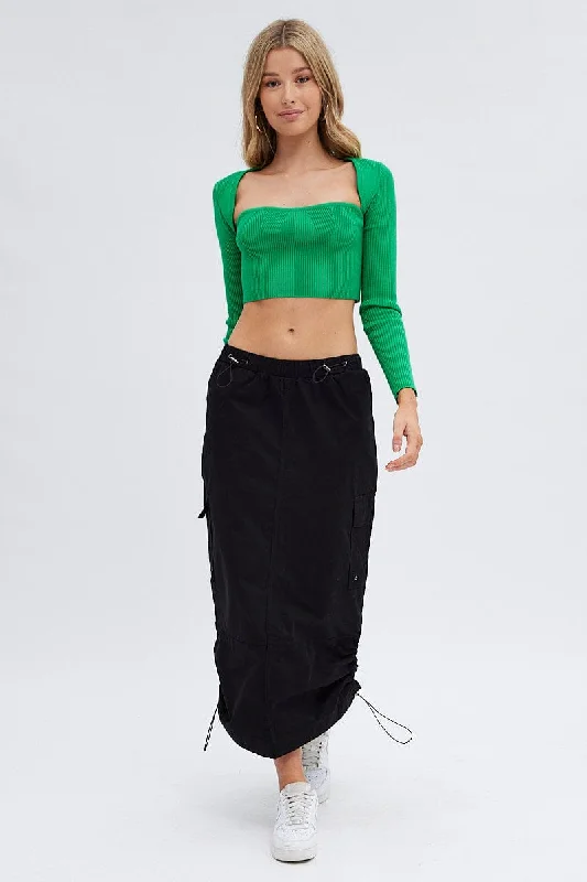 Black Parachute Cargo Skirt Low Rise Midi tiered skirt playful