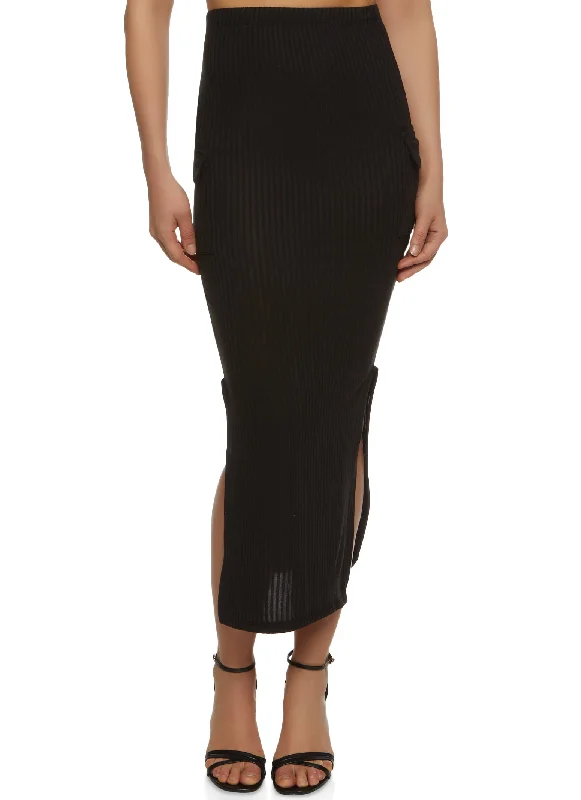 Ribbed Side Slit Cargo Skirt leather skirt durable