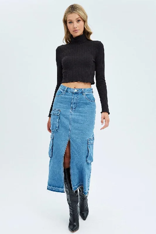 Blue Denim Maxi Skirt Cargo zip skirt side