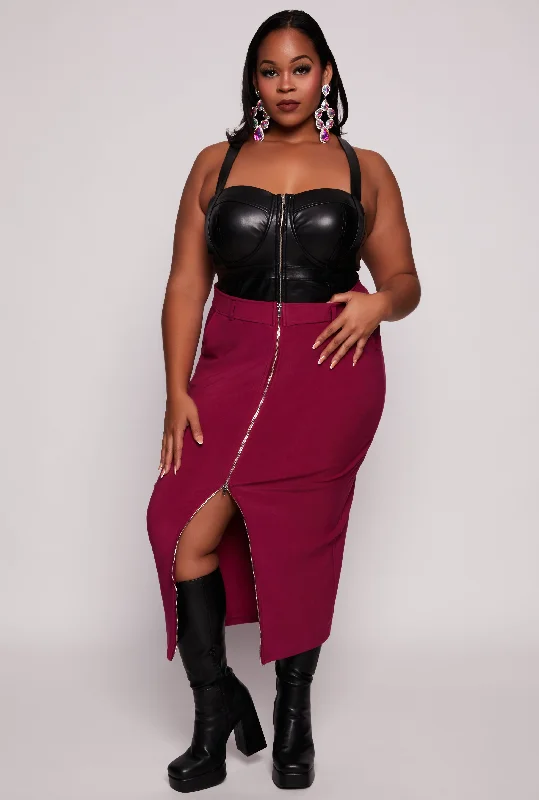 Plus Size Scuba Front Zip Midi Skirt wool skirt breathable