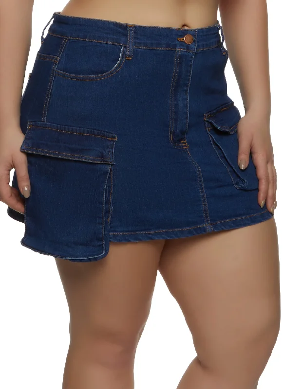 Plus Size Denim Cargo Pocket Mini Skirt silk skirt lustrous