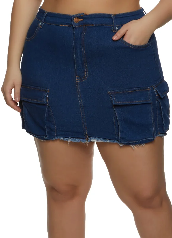 Plus Size Frayed Hem Cargo Pocket Mini Skirt corduroy skirt textured