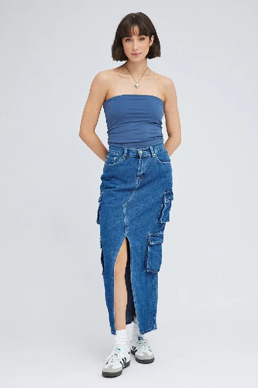 Denim Cargo Skirt Mid Rise Maxi Utility Pocket Details silk skirt sleek