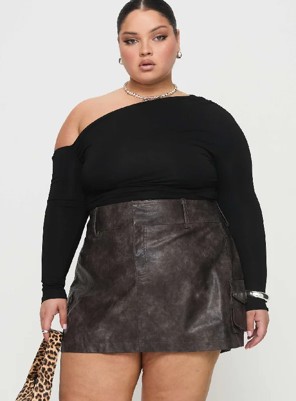 Domenic Faux Leather Mini Skirt Washed Black Curve tiered skirt playful